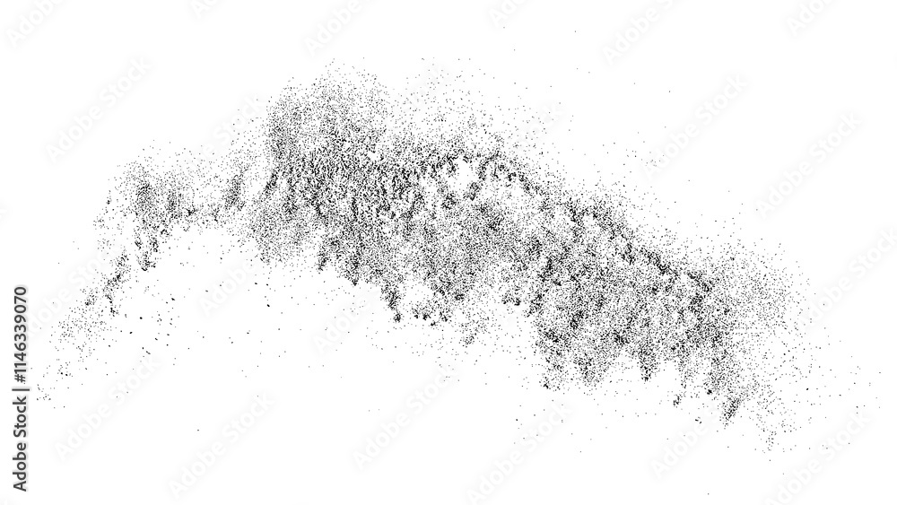 Fototapeta premium Black grainy texture. Abstract dust overlay. Grain noise. Black explosion on transparent background. Splash water effect. PNG format.