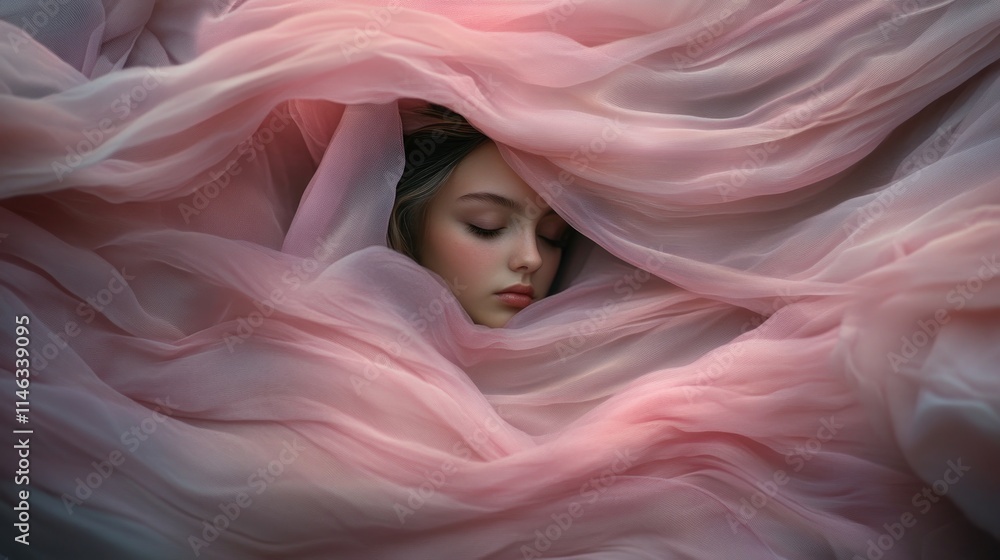 Serene girl sleeping peacefully enveloped in soft pink fabric. Serene girl sleeping peacefully enveloped in soft pink fabric.