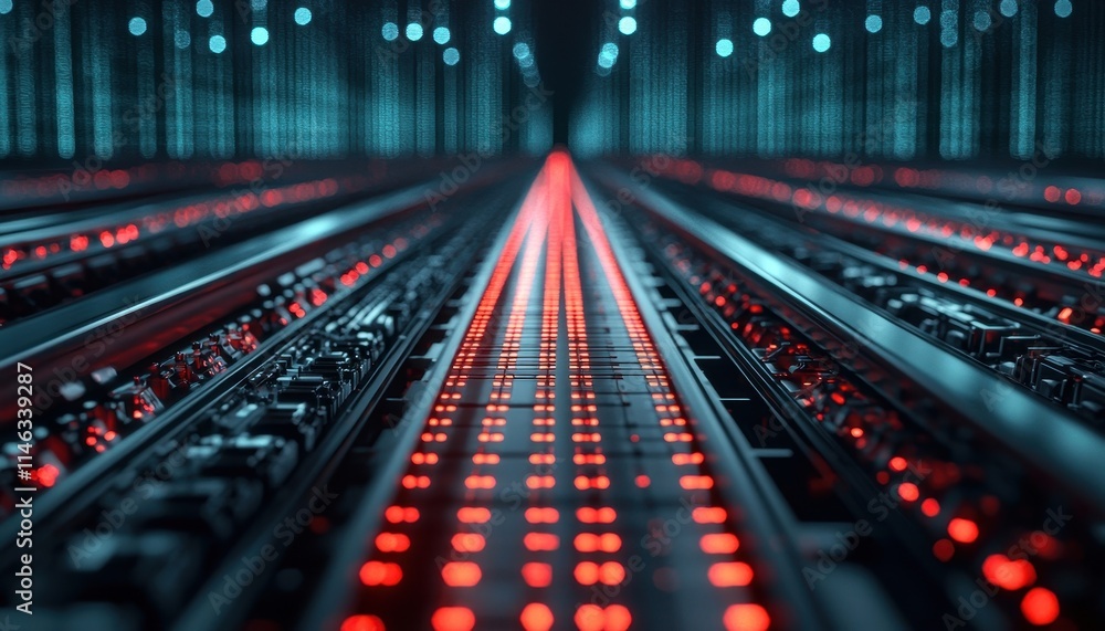 Futuristic Data Center with Rows of Illuminated Red and Blue Lights Futuristic Data Center with Rows of Illuminated Red and Blue Lights