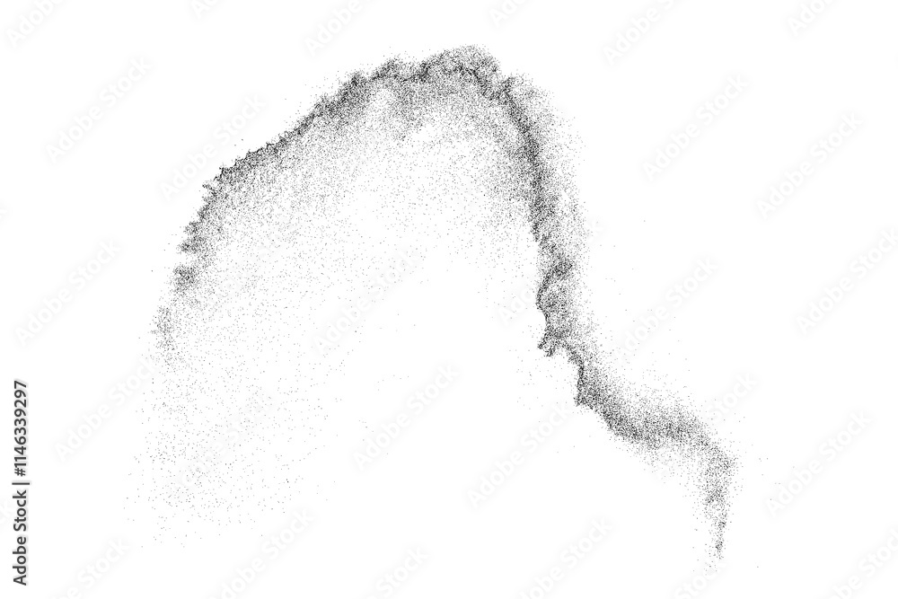 Black grainy texture. Abstract dust overlay. Grain noise. Black explosion on transparent background. Splash water effect. PNG format.