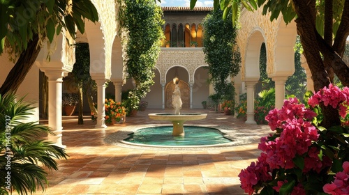 An Andalusian mosque with horseshoe arches and a beautiful fountain in the foreground 
