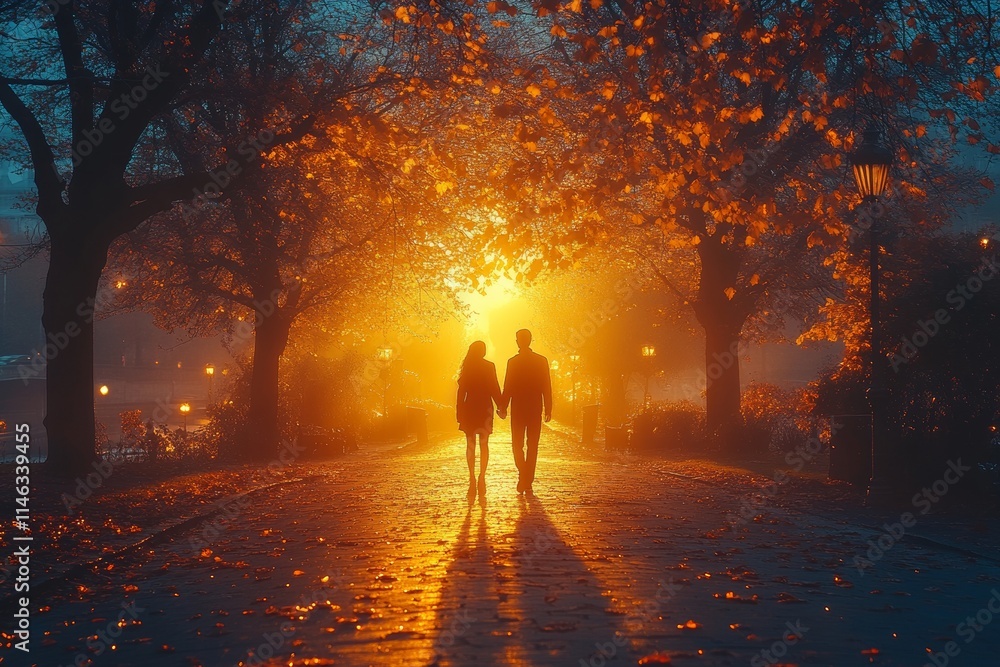 A romantic couple holding hands, walking together in a peaceful park at sunset, soft golden light A romantic couple holding hands, walking together in a peaceful park at sunset, soft golden light