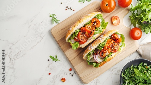 Delicious sandwiches with grilled tomatoes, onions, lettuce and spices lying on wooden cutting board