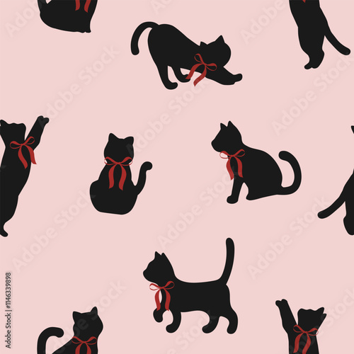 cat silhouette with red bow  seamless pattern , vector , illustration