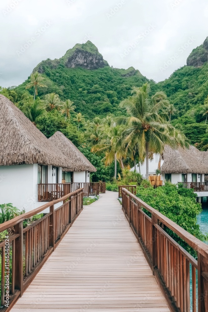 In Bora Bora, a walkway to the sea and bungalows/villas is bordered by palm trees, showcasing luxurious thatched accommodations. In Bora Bora, a walkway to the sea and bungalows/villas is bordered by palm trees, showcasing luxurious thatched accommodations.