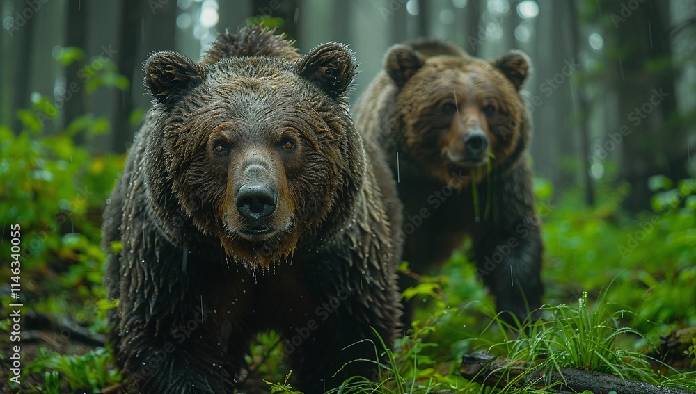 Fototapeta premium Two majestic brown bears emerge from a lush, green forest, their fur glistening with rain. A powerful image of wildlife in its natural habitat.