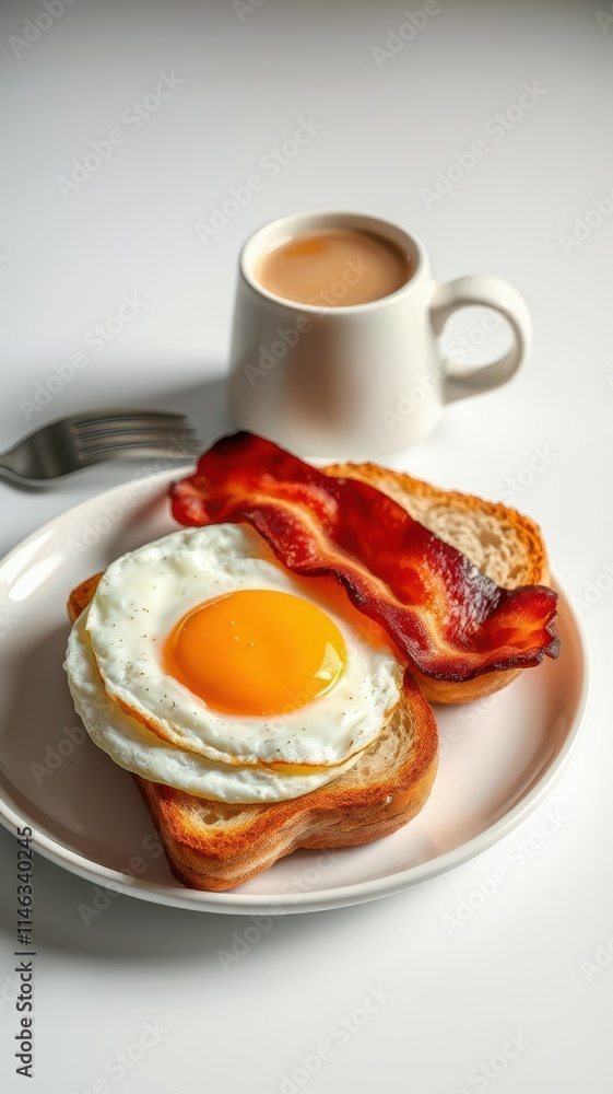 Breakfast with fried egg, crispy bacon, and tea served on a white plate in a bright setting Breakfast with fried egg, crispy bacon, and tea served on a white plate in a bright setting