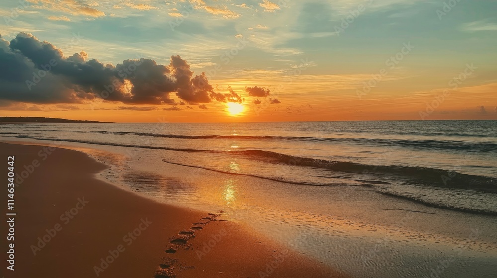 Obraz premium Sunset view of an empty sandy beach