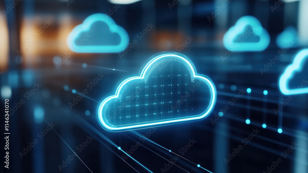 Futuristic cloud technology with glowing blue clouds and digital grid, representing advanced data storage and connectivity Futuristic cloud technology with glowing blue clouds and digital grid, representing advanced data storage and connectivity