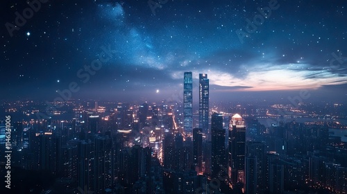 Wallpaper Mural Stunning Night Skyline of a Modern City Under a Starry Sky with Glittering Lights and Skyscrapers Illuminated by Twilight Hues and Cosmic Wonders Torontodigital.ca