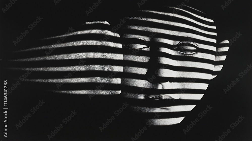 Abstract black and white portrait with striped light and shadow effects. Abstract black and white portrait with striped light and shadow effects.