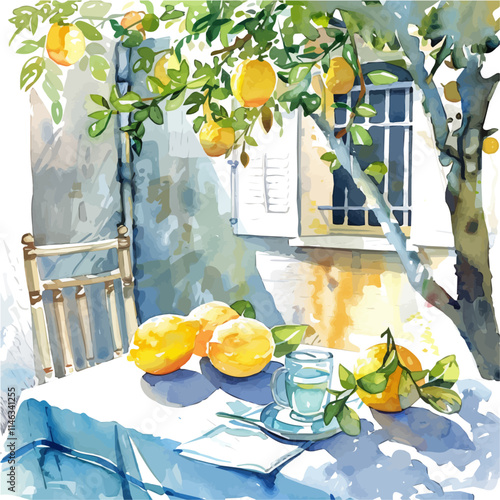 A watercolor vector of a bright yellow lemon on a summer table, isolated on a white background. Lemon summer vector.
