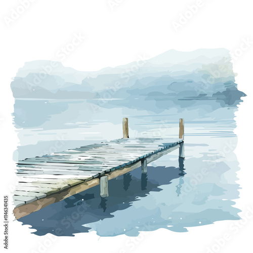 A watercolor painting of a calm lake with a wooden dock, isolated on a white background. Lake dock vector.
