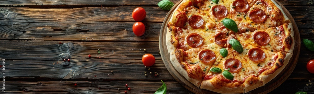 Pizza with pepperoni and basil on a wooden table with tomatoes, food background, banner, copy space Pizza with pepperoni and basil on a wooden table with tomatoes, food background, banner, copy space