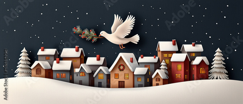 Christmas peace on earth, dove carrying an olive branch over a snowy village, soft glow of dawn, A serene winter scene with snow-covered houses.