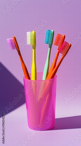 Vibrant childsized toothbrushes on pastel purple surface photo