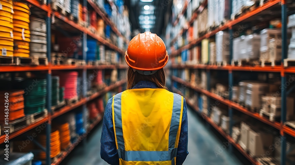 Warehouse Worker: A female worker in a yellow vest and hard hat stands in a large warehouse, staring down a long aisle of shelves filled with product. Warehouse Worker: A female worker in a yellow vest and hard hat stands in a large warehouse, staring down a long aisle of shelves filled with product.