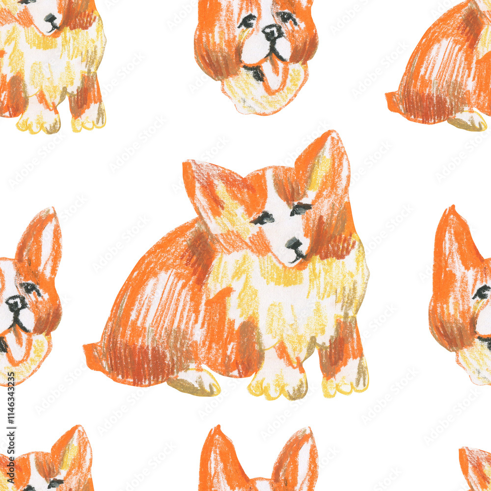 Fototapeta premium Orange corgi wax crayons seamless pattern on white isolated background. Textural and animalistic repeating pattern. Design for textiles, wrapping paper and wallpaper.