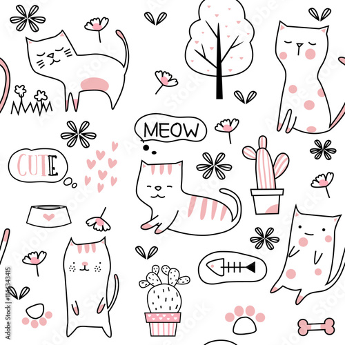 patron de gatos dibujados blanco y negro