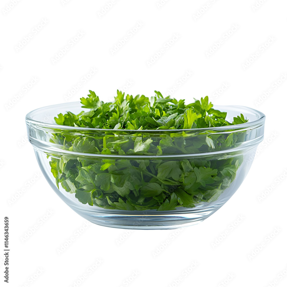Front view of chervil in a small glass bowl isolated on a white transparent background Front view of chervil in a small glass bowl isolated on a white transparent background