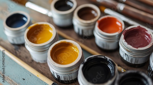 Colorful gouache pots and paintbrushes resting on wooden artist's palette