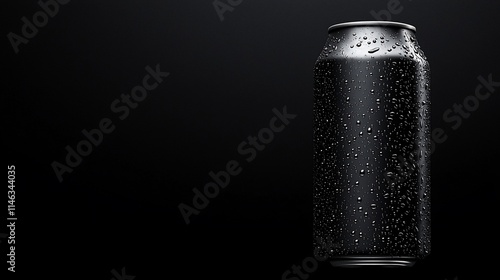 Condensation on a black aluminum can against a dark background.