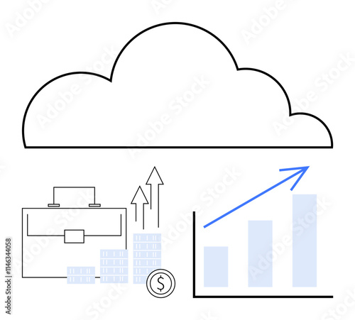 Cloud icon above business briefcase, charts with upward arrows, rising bar graph, and coin stack. Ideal for business analytics, economic growth, finance, data storage, technology investment