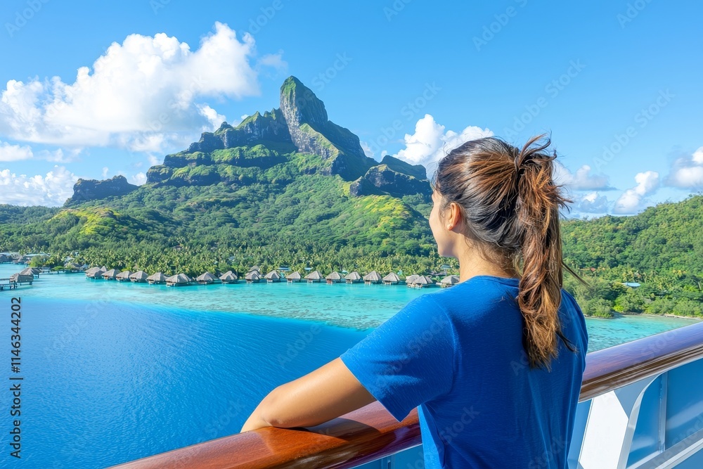On a luxurious Tahiti cruise, a woman stands on the balcony of a yacht, taking in the breathtaking views of an exotic Oceania adventure. On a luxurious Tahiti cruise, a woman stands on the balcony of a yacht, taking in the breathtaking views of an exotic Oceania adventure.