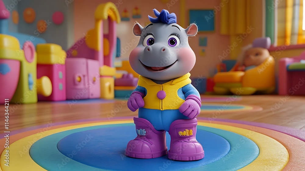 Playful Hippo in Colorful Playroom: A cute cartoon hippo wearing a blue and yellow jacket and purple boots, stands in a colorful playroom with a rainbow rug on the floor. Playful Hippo in Colorful Playroom: A cute cartoon hippo wearing a blue and yellow jacket and purple boots, stands in a colorful playroom with a rainbow rug on the floor.