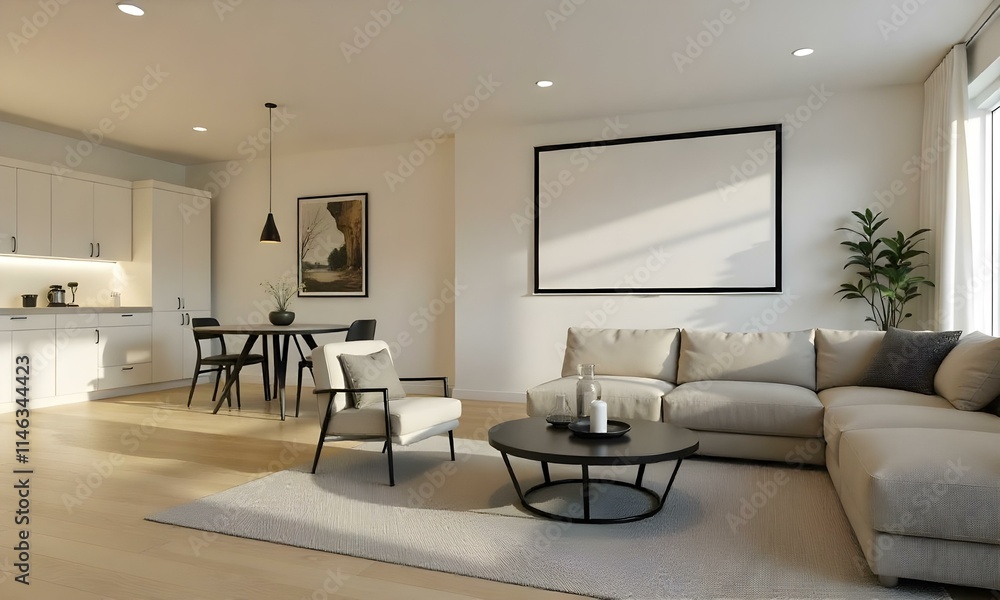A modern and minimalist living room with a large black projection screen, a low coffee table with a round black base A modern and minimalist living room with a large black projection screen, a low coffee table with a round black base