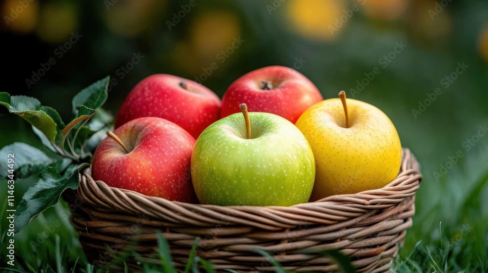 Four ripe apples, red, green, and yellow, in a wicker basket on grass. Four ripe apples, red, green, and yellow, in a wicker basket on grass.