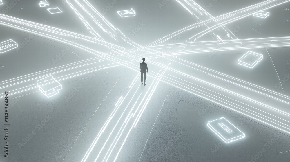 Naklejka premium Futuristic crossroads glowing paths of technology icons