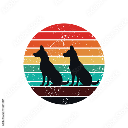 Dogs sitting  silhouette on Retro Vintage Background Vector Art Illustration T-shirt Design Art.