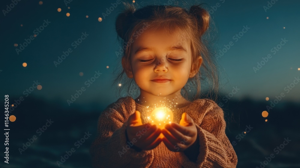 A young girl holds a glowing orb, surrounded by a magical atmosphere at dusk. A young girl holds a glowing orb, surrounded by a magical atmosphere at dusk.