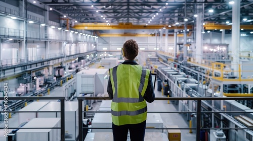 Factory worker overlooking large manufacturing facility.