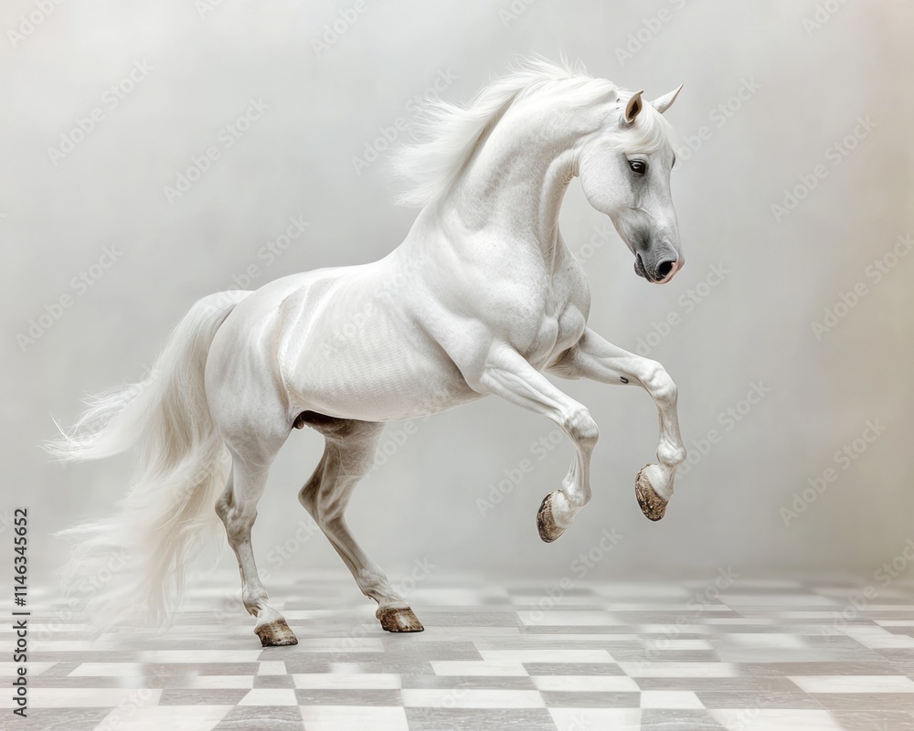 A majestic white horse rearing up with a flowing mane, its legs in the air, set against a white chessboard background. A majestic white horse rearing up with a flowing mane, its legs in the air, set against a white chessboard background.