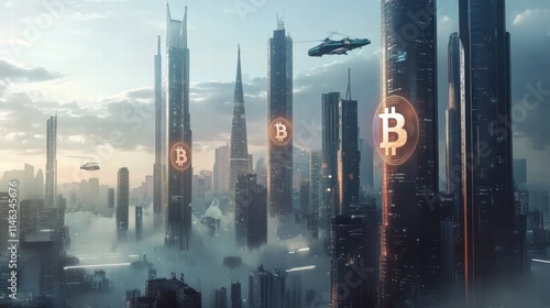 futuristic cityscape bitcoin cryptocurrency photo