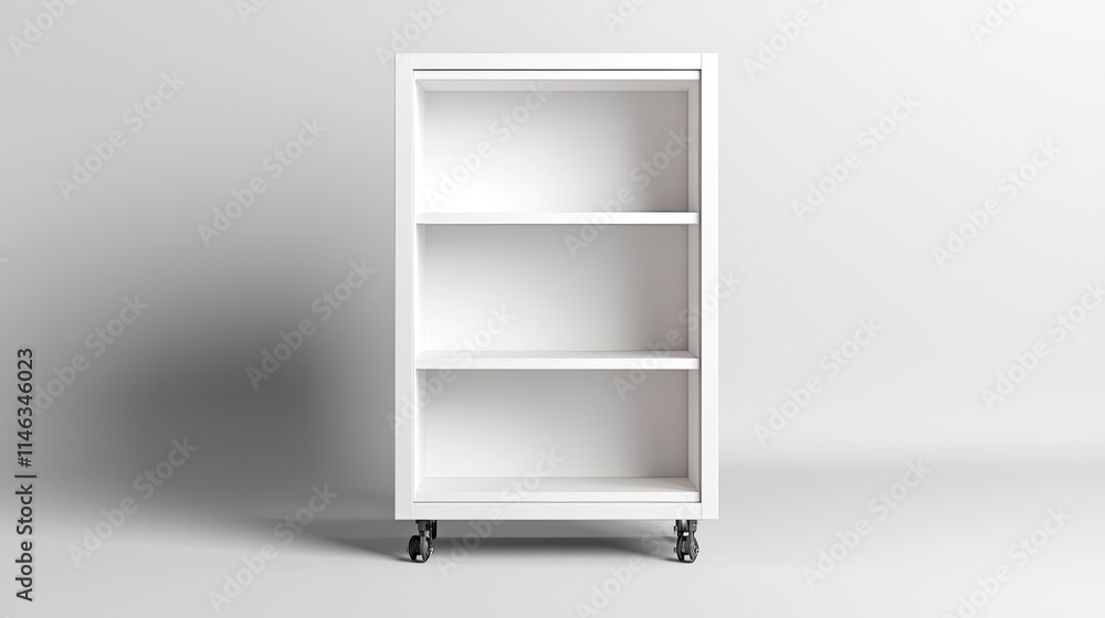 A minimalist white shelving unit on wheels, featuring three open shelves, ideal for storage and organization in modern spaces. A minimalist white shelving unit on wheels, featuring three open shelves, ideal for storage and organization in modern spaces.