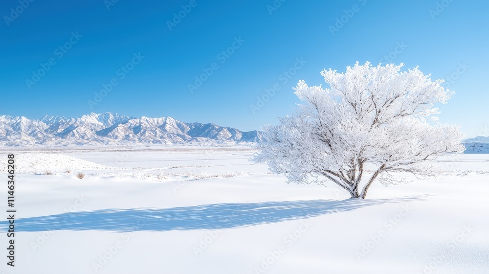 Solitary frost-covered tree in snowy landscape with mountains. (1) Solitary frost-covered tree in snowy landscape with mountains. (1)