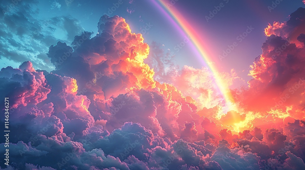 Fototapeta premium Vibrant sunset sky with a majestic rainbow arcing through fluffy clouds. Dreamy, colorful, and awe-inspiring.