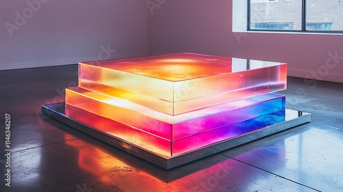 Illuminated glass sculpture on mirrored base.