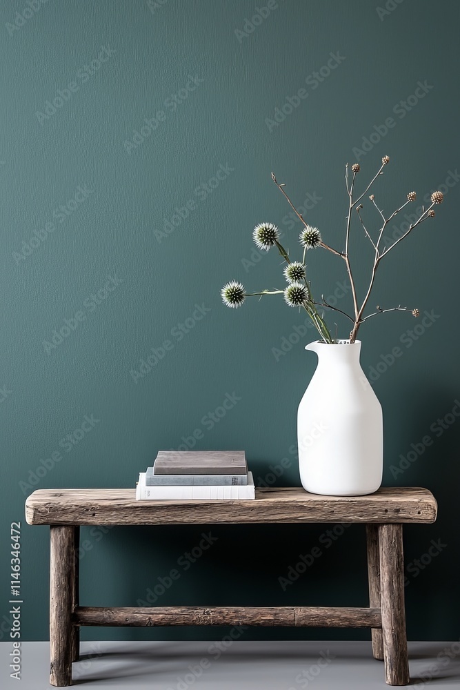 In a modern apartment, the living room is adorned with a stylish interior design featuring a wooden shelf, a vase with flowers, books, and elegant accessories. This chic home decor, in eucalyptus In a modern apartment, the living room is adorned with a stylish interior design featuring a wooden shelf, a vase with flowers, books, and elegant accessories. This chic home decor, in eucalyptus