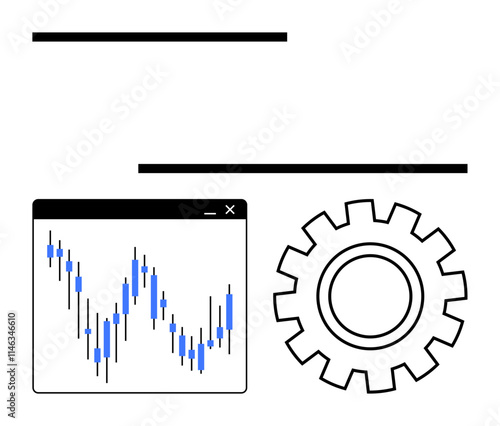 Candlestick chart depicting financial data fluctuations beside a gear icon symbolizing optimization and technical settings. Ideal for finance, investment tools, business strategy, technology