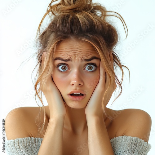 Young woman looking stressed, holding her head with wide eyes