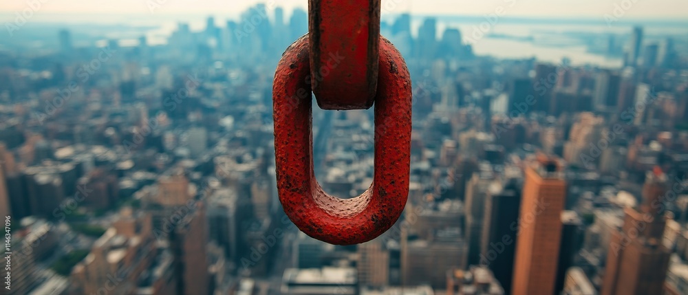 Naklejka premium A close-up of a red construction hook with a city skyline in the background, highlighting urban construction and industrial themes.