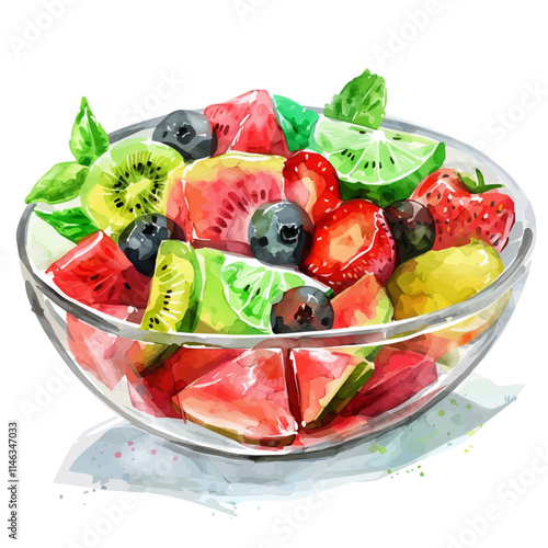 A watercolor painting of a chilled tropical fruit salad, isolated on a white background. Fruit salad vector.
