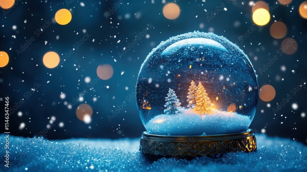 Beautiful winter snow globe featuring a glowing tree surrounded by shimmering lights in a cozy scene Beautiful winter snow globe featuring a glowing tree surrounded by shimmering lights in a cozy scene