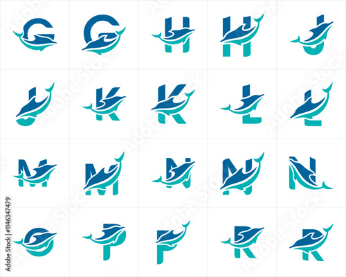 bundle set logo combination of dolphins with letters, initials, numbers, or alphabets with a blue base color for business purposes and other