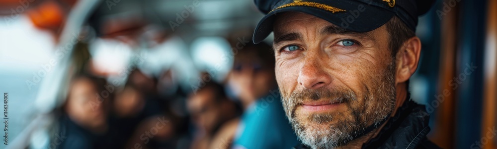 Man wearing a hat and a cap on a boat, banner, copy space Man wearing a hat and a cap on a boat, banner, copy space