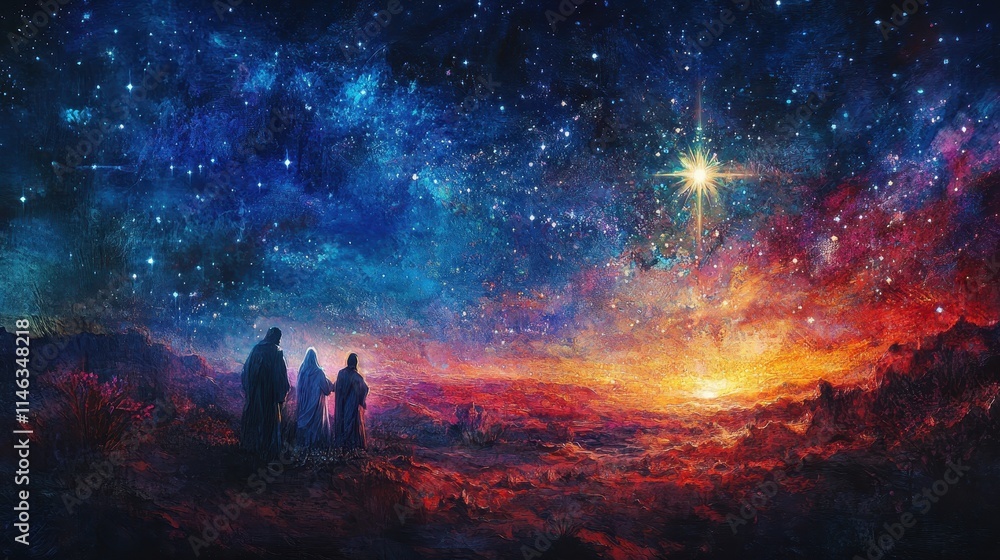 Nativity scene under a starlit sky with figures in silhouette and bright star shining above at twilight Nativity scene under a starlit sky with figures in silhouette and bright star shining above at twilight